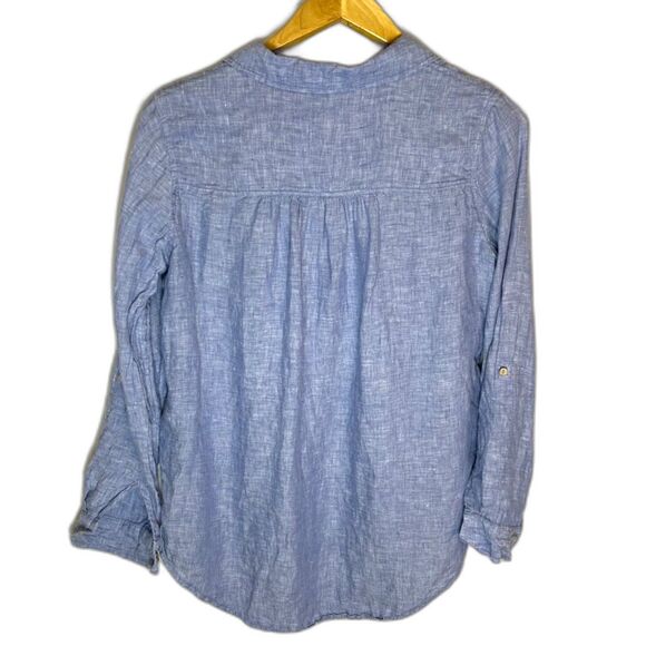 Sigrid Olsen Blue 100% Linen Collared 1/4 Button Front LS Popover Top Size S - Picture 4 of 11
